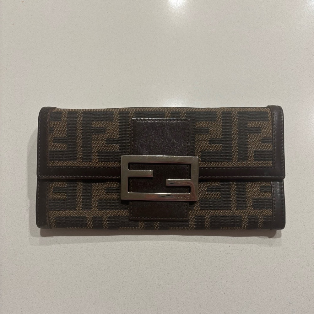 Fendi Brown Zucca FF Logo Flap Wallet